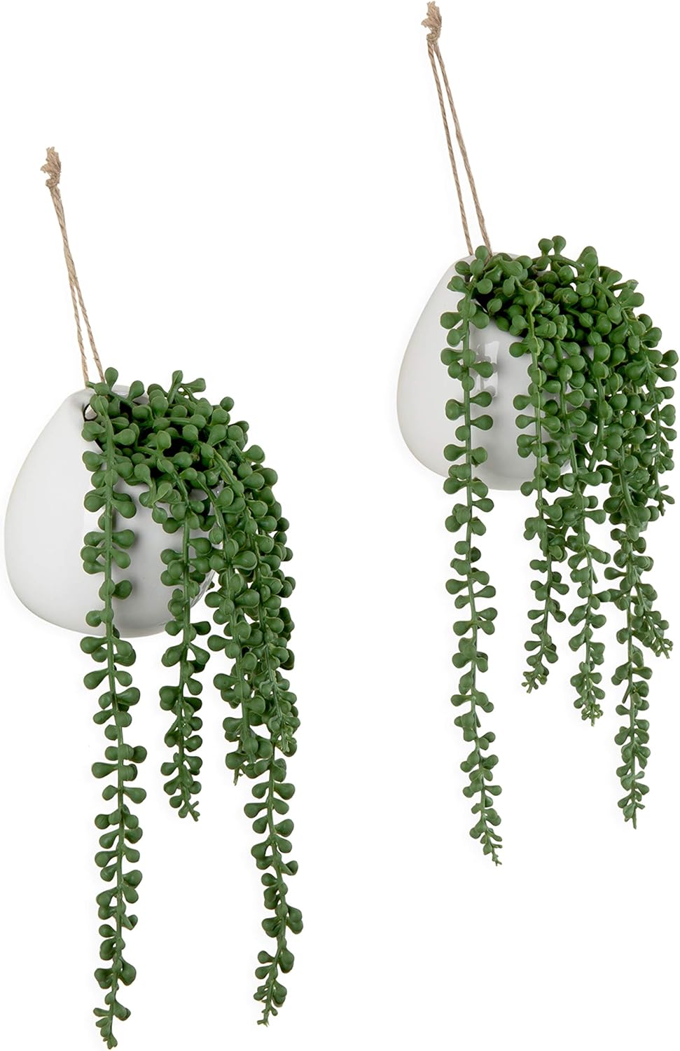 MyGift Artificial Faux String of Pearls Plants in White Ceramic Wall Hanging Planter Pot with Jute Rope, Set of 2