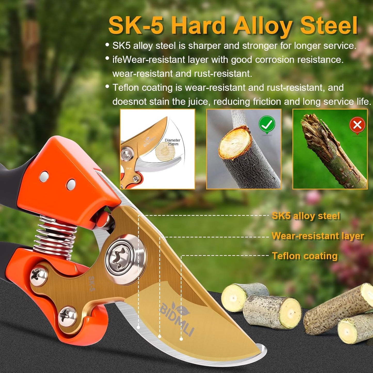 Heavy Duty Pruning Shears,Garden Scissors & Clippers with Red-BIDMLI 8.66" SK5 Steel Blades & Aluminum Alloy Handles, Tree Branch Cutter, Ideal for Thick Branches, Dry Twigs, Flower Pruning Tool.