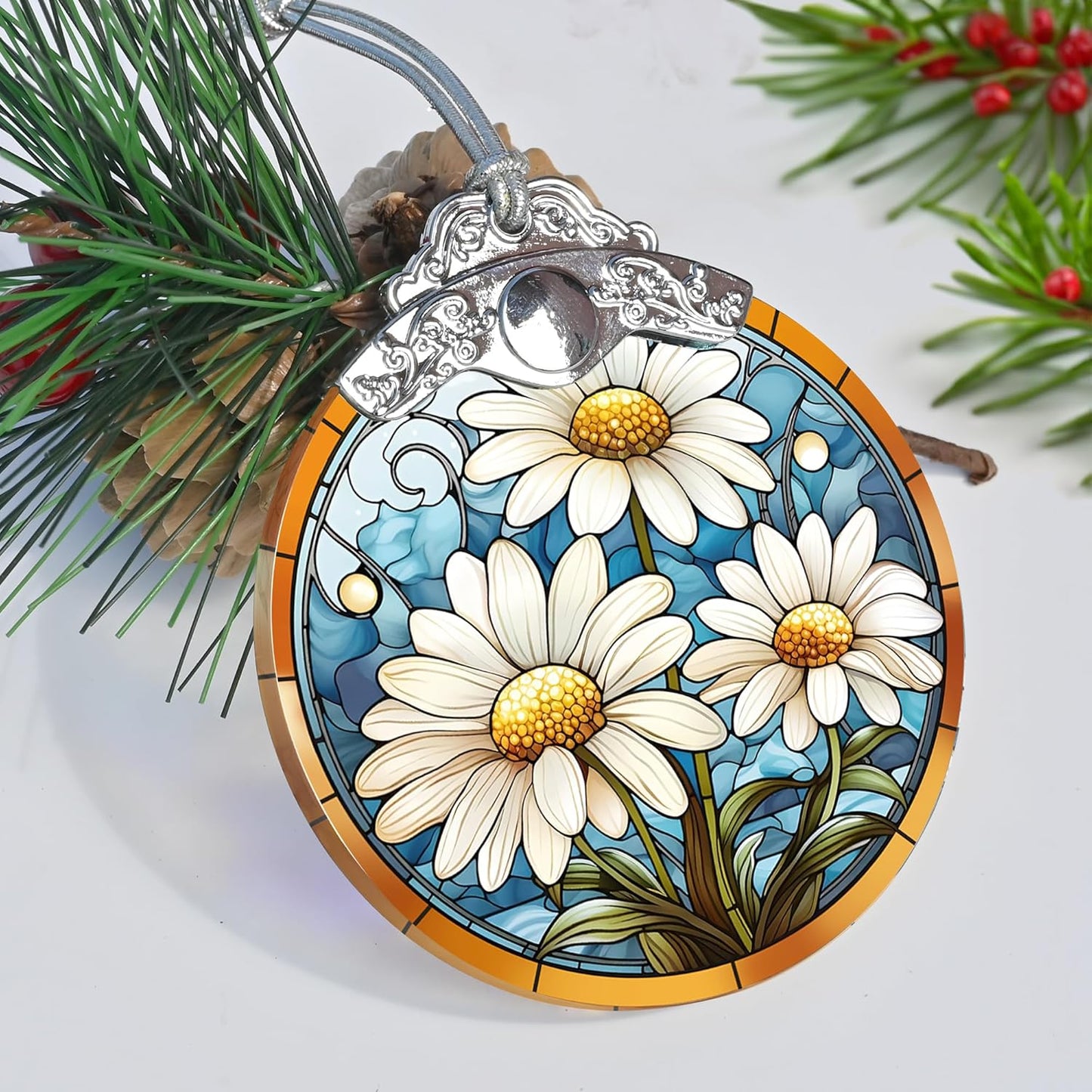 Stained Glass Christmas Ornament, Jocidea Daisy Christmas Decorations, Christmas Tree Ornament, Daisy Lovers Gifts, Holiday Decor and Xmas Gifts Ideas