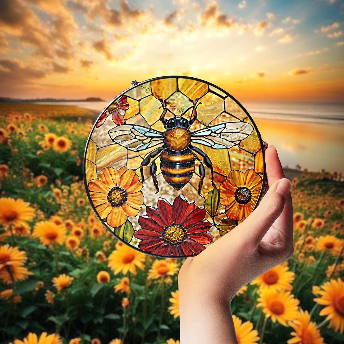 7.8" Bee Honeycomb Stained Glass Suncatchers Art Insect Flowers for Sun Catcher Gifts for Pet Insects Animal Nature Floral Lovers Women Grandma Mom Friend Painted Glass Panel Décor BUG-08C-SG8