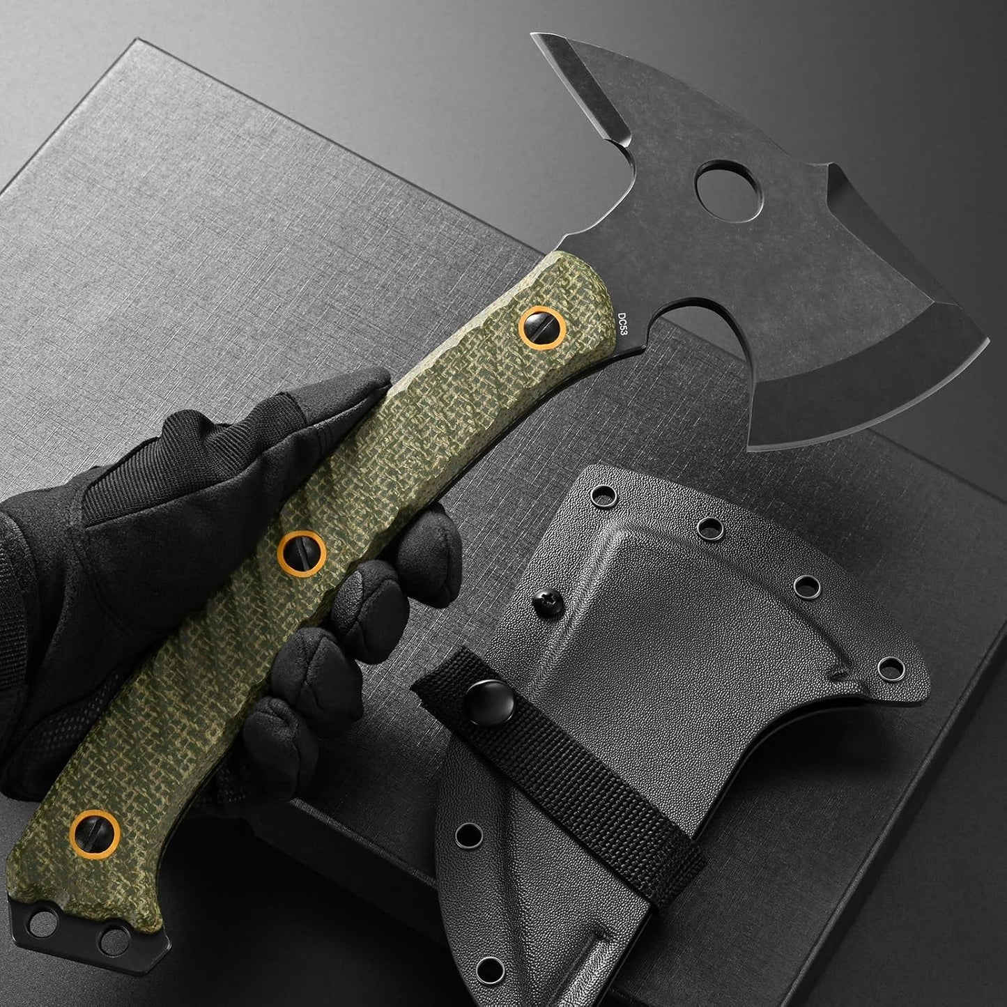 C1342 Camping Axes,DC53 Steel Blade Micarta Handle Chopping Axe Bushcraft Camping Axes Survival Hatchet Full Tang Axe for Hiking Hunting Camping Splitting Chopping Wood(Green)
