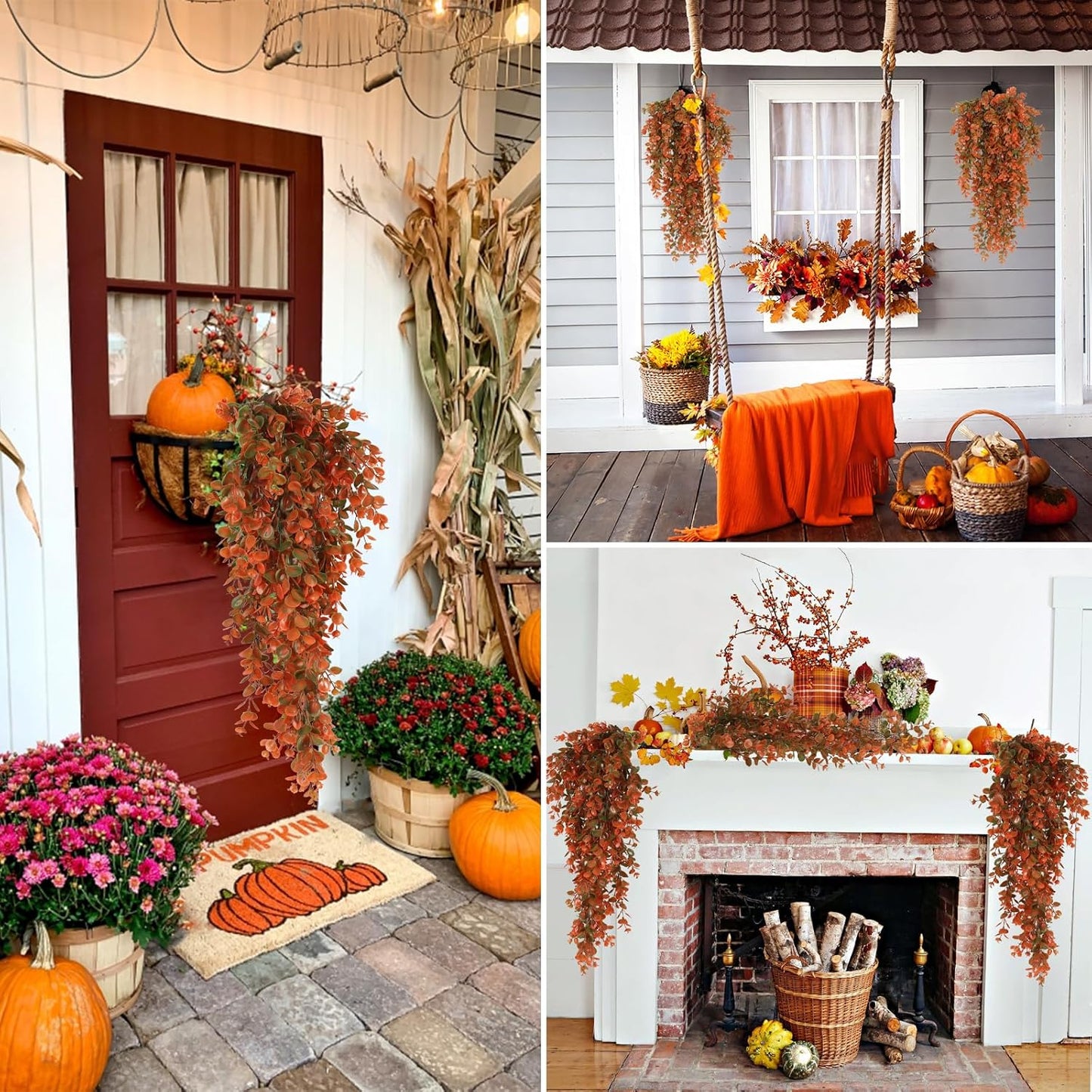 RECUTMS Artificial Fall Flowers Artificial Hanging Plants Faux Autumn Plants Faux Hanging Plants Fake for Indoor Outdoors,No Basket (Orange)