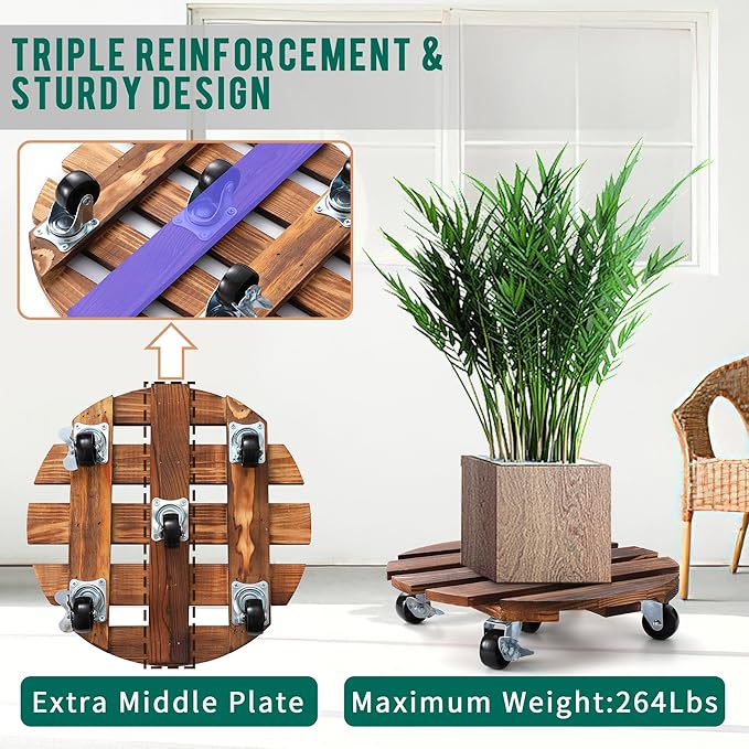 ZXZYHFTY Round Original Wooden Plant Stand with Wheels, 2 Packs Rolling Plant Stand with 360°Lockable Wheels for Vertical Garden Towers, Vertical Planting Tanks, Plant Pots, Wastebaskets (14")