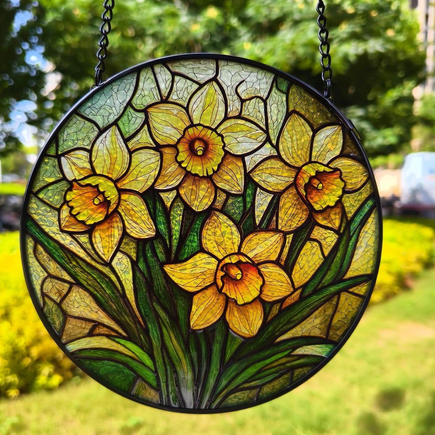 Stained Glass Window Hanging, Daffodil Flower Diamond Glass Panel Suncatcher Plant Sun Catchers for Home Garden Balcony Window Wall Decor, Gifts for Women,Mom (6.3 Inch)