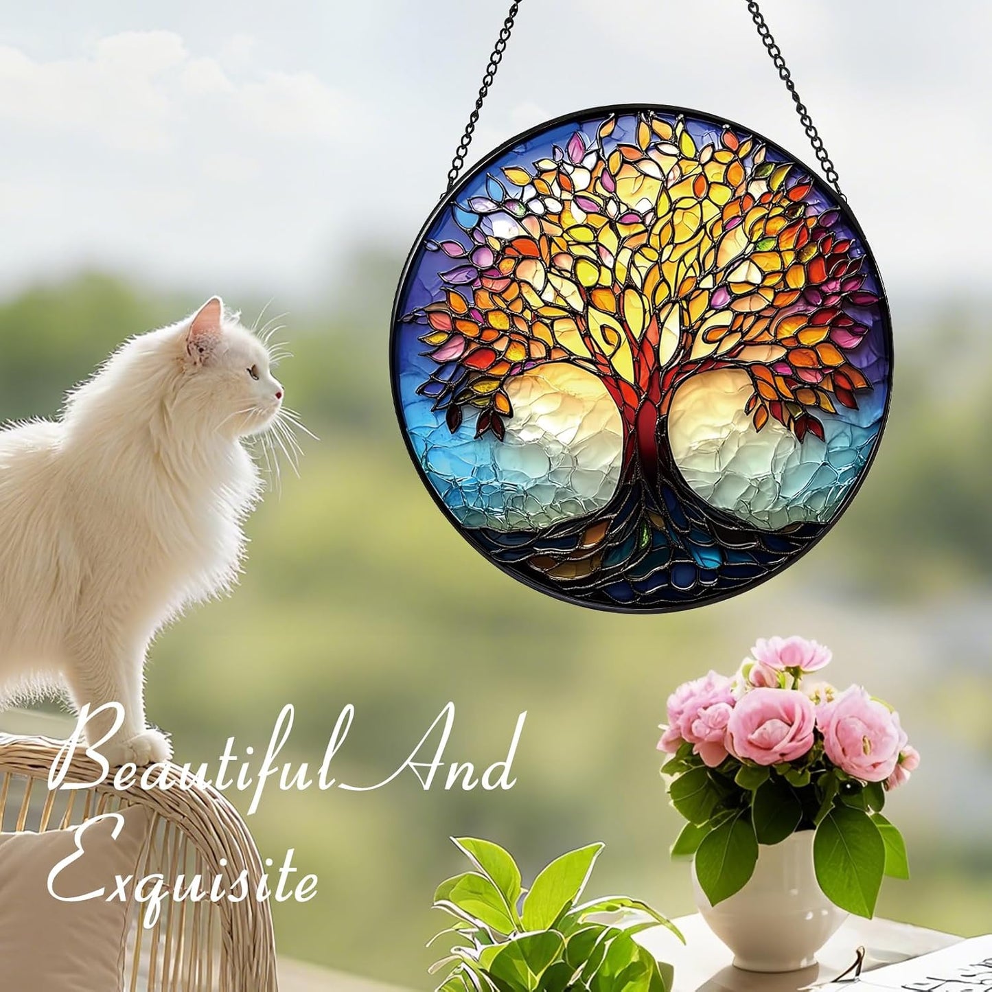 Colorful Tree of Life Suncatcher -7.9 in Stained Glass Window Hanging Sun Catcher Garden Decor