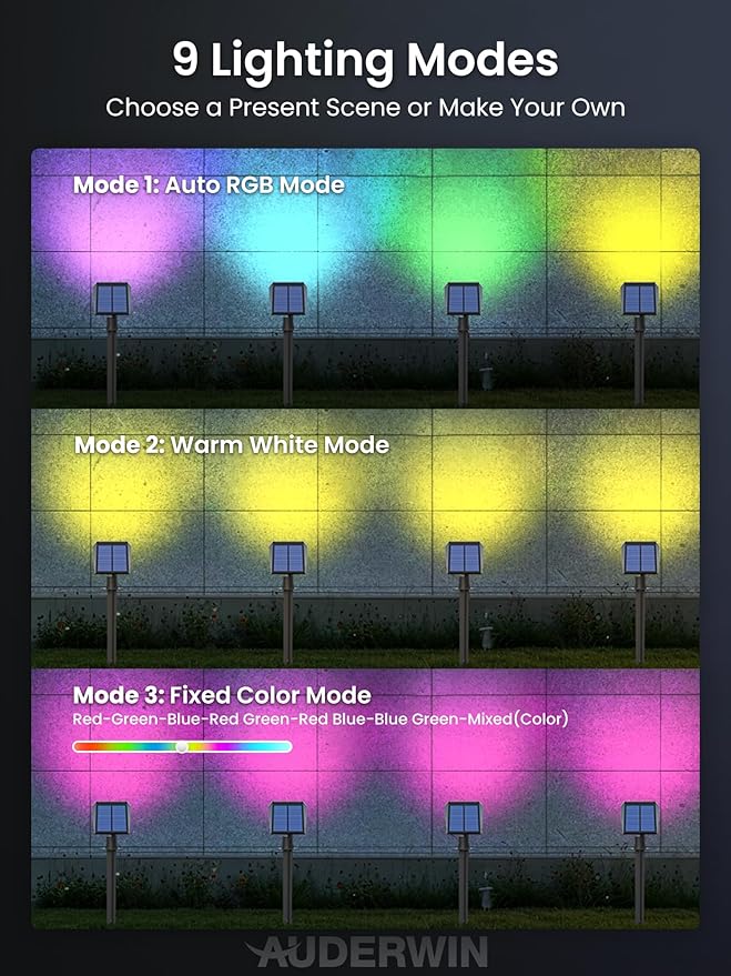 Color Changing Solar Spot Lights Outdoor, 9 Lighting Modes Colored Solar Lights Outdoor RGB Color, Solar Lights Waterproof IP67, Landscape Spotlights for Holiday Decorations, 4 pack