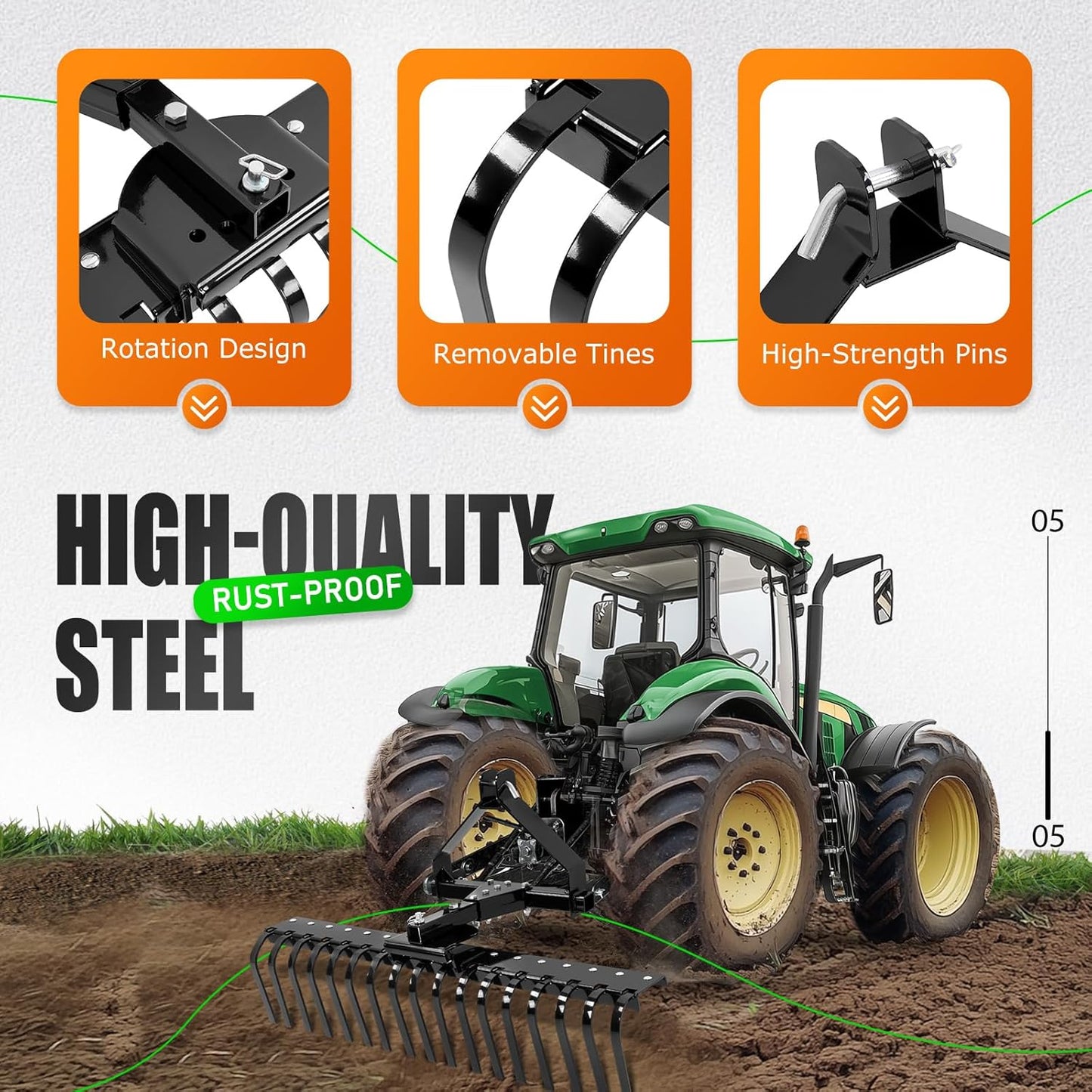KUAFU 50" 3 Point Landscape Rake for Category-0 Cat-0 Tractor with 360 Degree Rotation, Replaceable Spring Tines and Pin Hith, Rock Attach Rake Tow Behind Dethatcher for Lawn, Garden, Farm, Grass