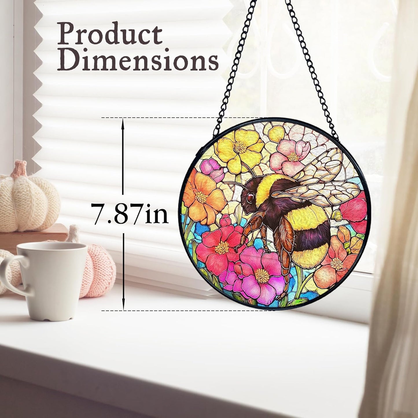 kdqua Bee Floral Suncatcher Stained Glass Window Hanging, Colorful Floral Bumblebee Sun Catchers Indoor Window Glass Round Wall Decor, Bee Wall Art Hanging Decorations Statues, 7.9x7.9in