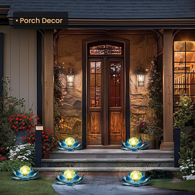 GIGALUMI Solar Light Outdoor Garden Decor, Lotus Flower Light Crackle Globe Glass Lantern Outdoor Table Decor Waterproof for Patio, Lawn, Pathway, Pool, Pond, Christmas Gift (Blue Petal)