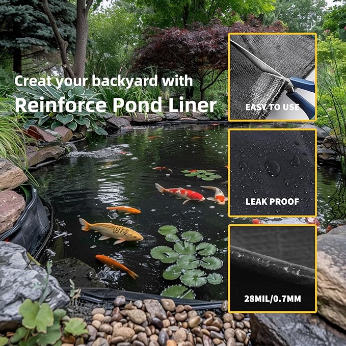 TEZONG Pond Liner,25x30Ft Pond Liners for Outdoor,28Mil PE Black Koi Fish Pond Liner,Reinforced Pond Underlayment for Water Garden,Waterfall,Fountain