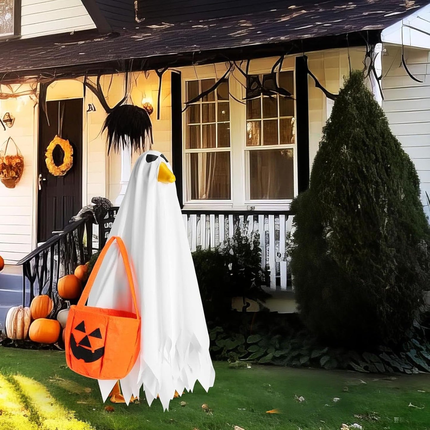 Halloween Porch Goose Outfit for 23'' Plastic Statue Lawn Porch Goose Clothes Halloween Goose Outfit Ghost for Indoor Outdoor Patio Yard Lawn Art Decor