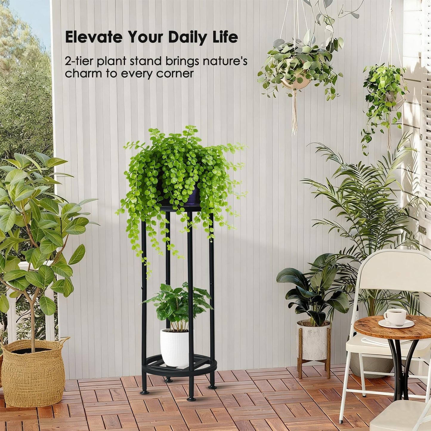 Plant Stand Indoor Outdoor,29" Tall Metal Plant Stands Riser,2 Tier Heavy Duty Wrought Iron Pedestal Holders,Tiered Round Flower Pot Stand,Outside Rust-Proof Black Flower Display stand for Patio