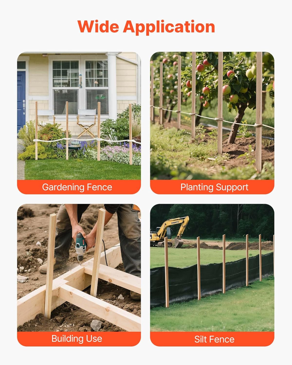 VEVOR Wooden Garden Stakes, 25 Pcs 48x0.5x0.69 in Survey Grading Stakes, Garden Ground Stake with Sharp Point, Fir Wood Plant Support Stake, Sign Posts for Silt Fence Backyard Boundaries Baselines