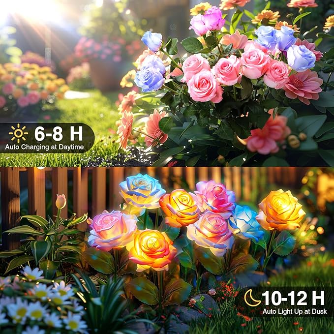 Solar Garden Lights, 6 Pack Solar Flowers Outdoor Waterproof with Rose, Garden Lights Solar Powered Waterproof, Solar Flower Lights, Solar Lights for Outside Yard Decorations Outdoor