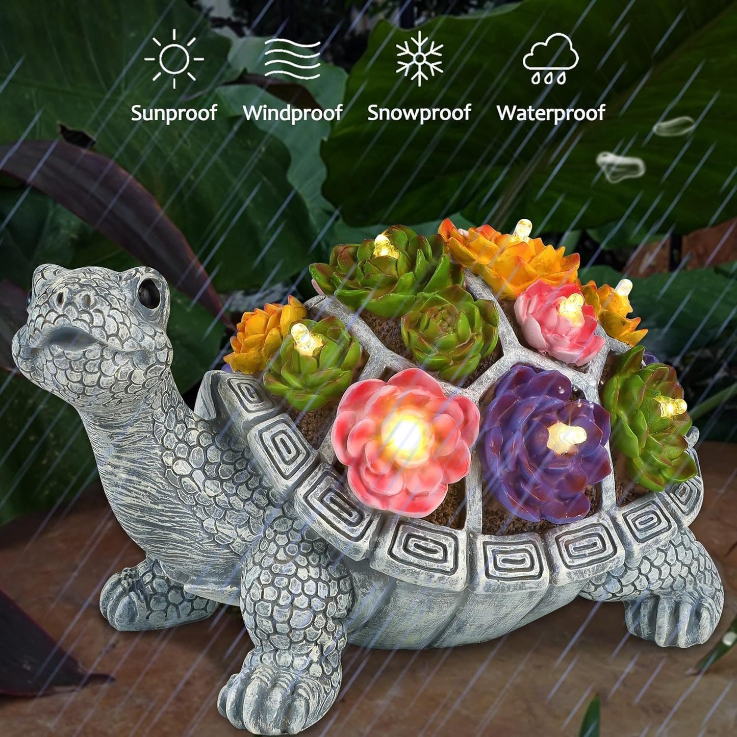 FORUP Turtle Garden Statue, Resin Turtle Figurine Garden Lawn Ornaments with Solar LED Lights for Outdoor Yard Garden Decorations, Grey