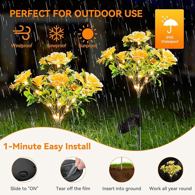 Neporal Solar Lights - Outdoor Decorative Garden Lights with Carnation Flower, Waterproof IP65, Perfect for Outdoor Decorations - Gardening Gifts for Women