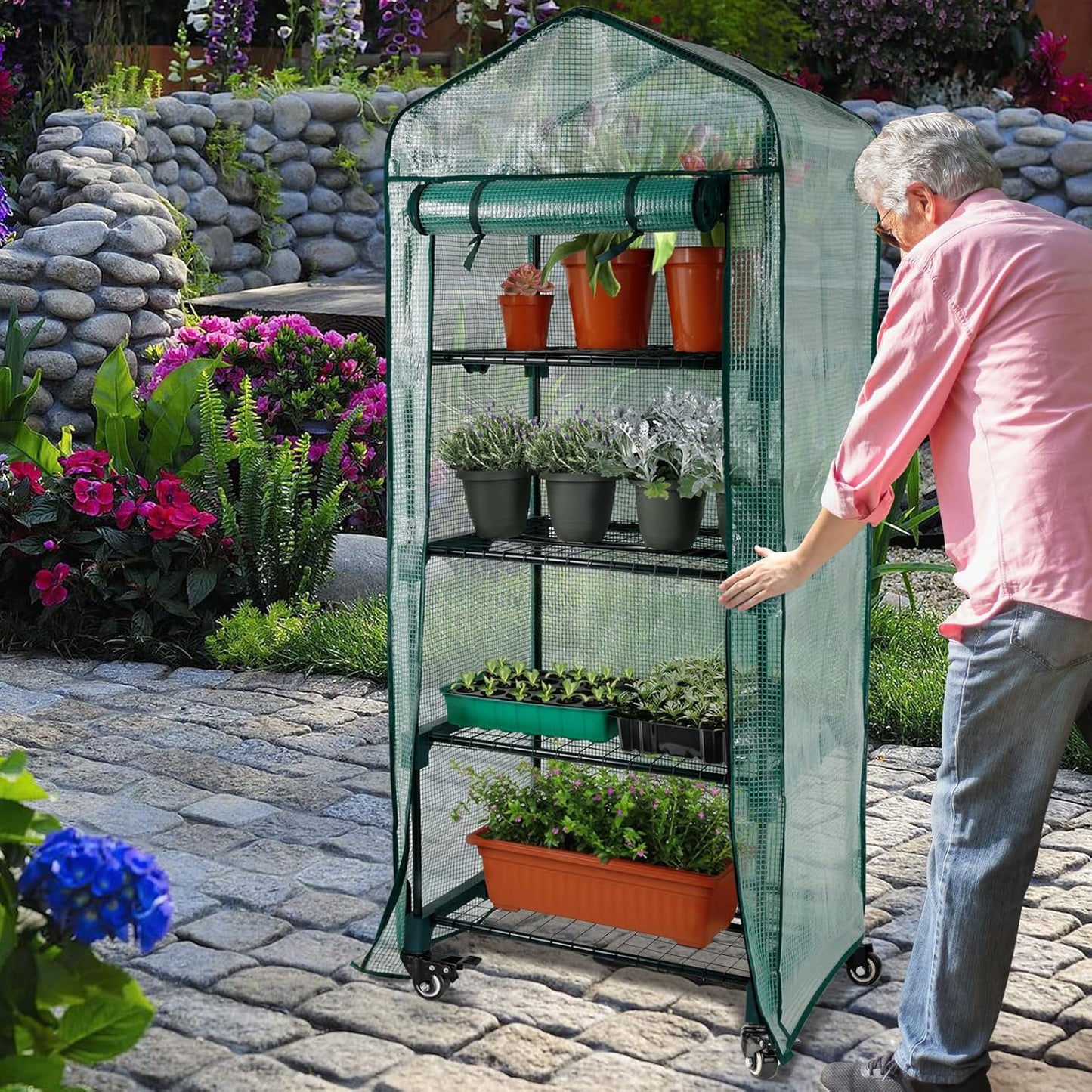Worth Garden 4 Tier Mini Greenhouse w/ Upgraded Castors Wheels - Portable Small Gardening Green House with PE Cover - Heavy Duty Swivel Castors with Brakes - 64''H x 27''L x 19''W Indoor & Outdoor