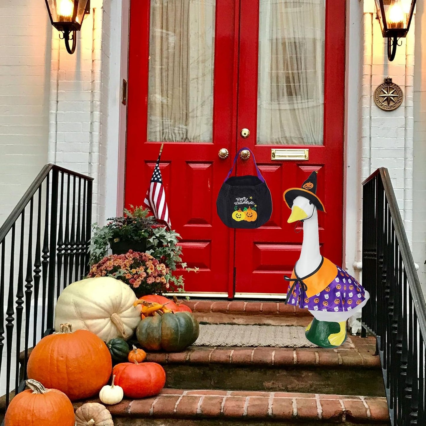 Halloween Porch Goose Outfits 23", Yard Goose Statue Clothes with Pumpkin Trick or Treat Bags, Fall Thanksgiving Outdoor Decor for Patio Lawn Garden and Porch Goode Theme (Pumpkin Ghost Cloak)