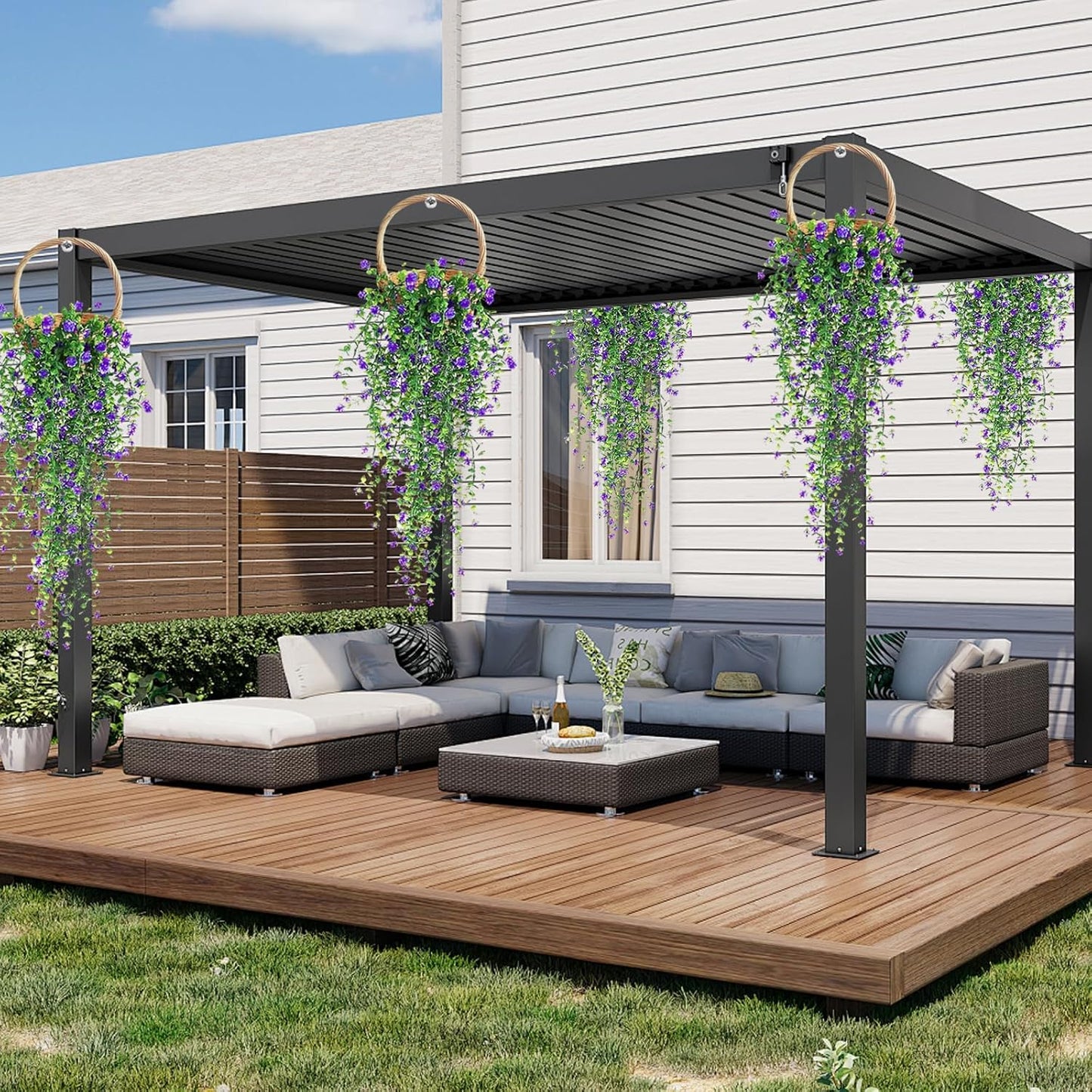 Artificial Hanging Flowers, 3 Pcs Fake Hanging Plants Artificial Vines for Outdoors, Fake Ivy Vine UV Resistant No Fade Faux Plants for Indoor Outside Garden Patio Yard Greenery Decoration (Purple)