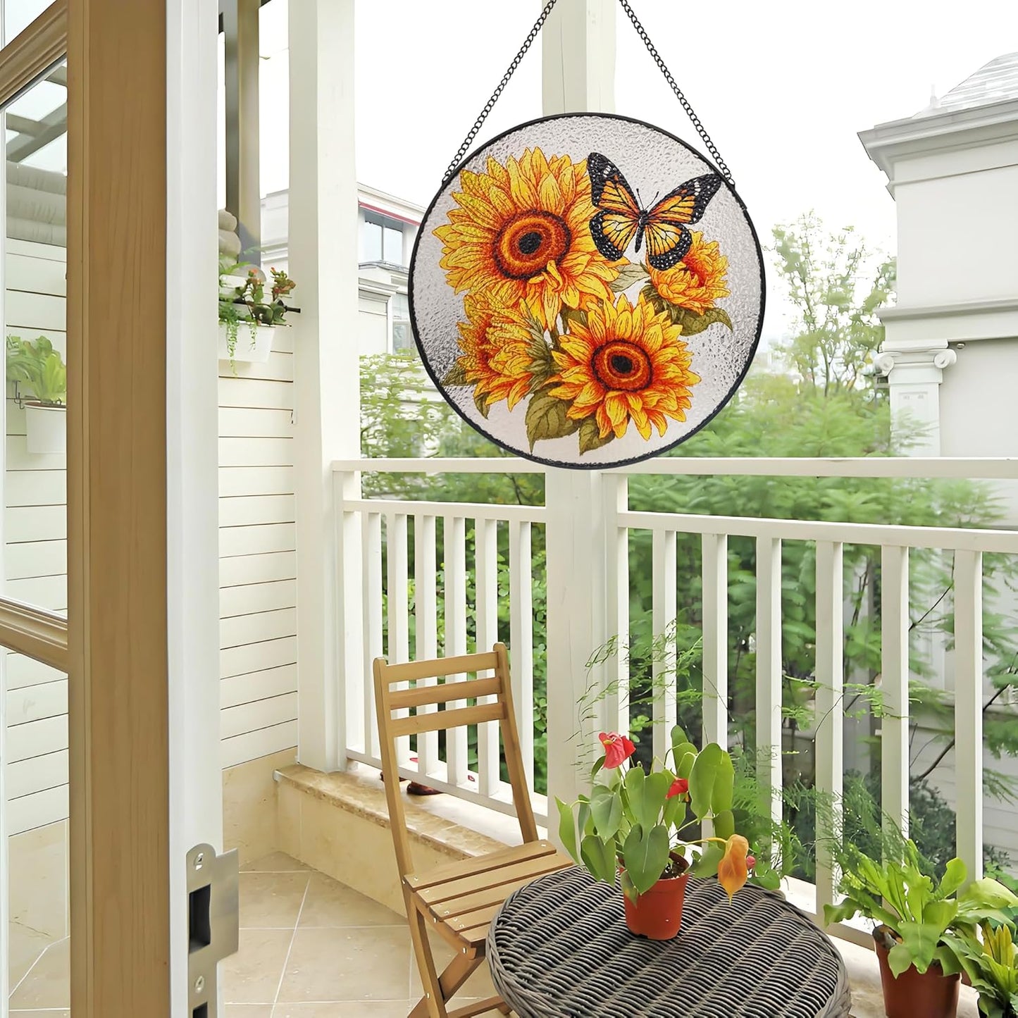 9.8'' Sunflower Butterfly Suncatcher Hanging Stained Glass Window Decor, Flowers Bush Butterfly Sun Catchers Wall Art Home Decor, Sunflower Gift for Mom Grandma Teacher