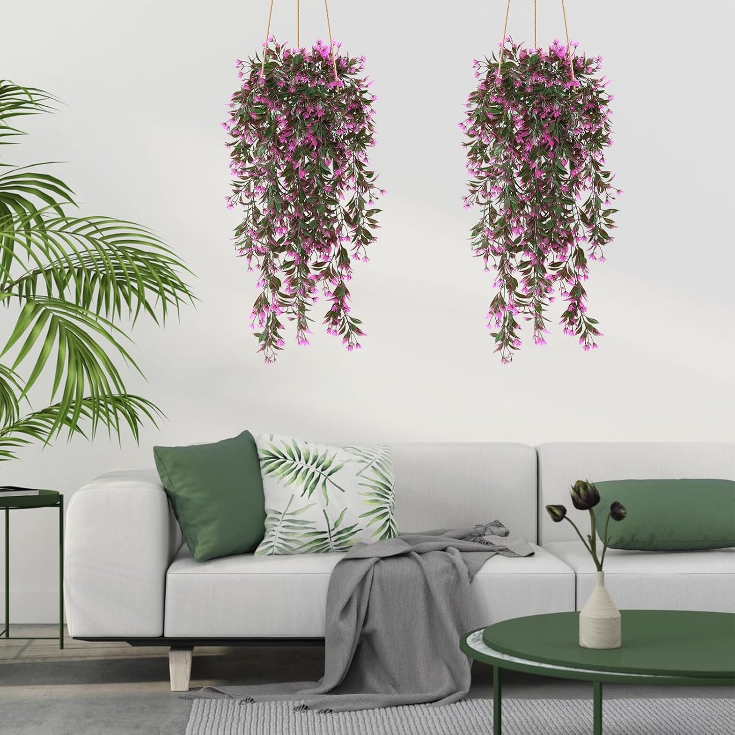 TOCHGREEN 4Pcs Artificial Hanging Plants Fern Vine, Faux Plastic Plants Fake Ivy Vine Greenery Garland with RoseRed Flower, Outdoor Indoor Decorations for Living Room Garden Wall Home Decor (Rose Red)