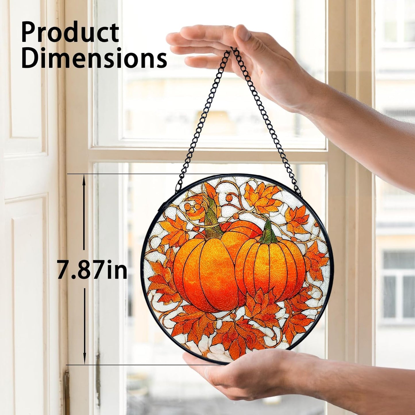 TNUW Fall Autumn Pumpkin Stained Glass Window Hanging, Farmhouse Autumn Pumpkin Maple Leaf Sun Catchers Indoor Window Glass Round Wall Art Decor, Rustic Fall Wall Hanging Decorations, 7.9"x7.9"