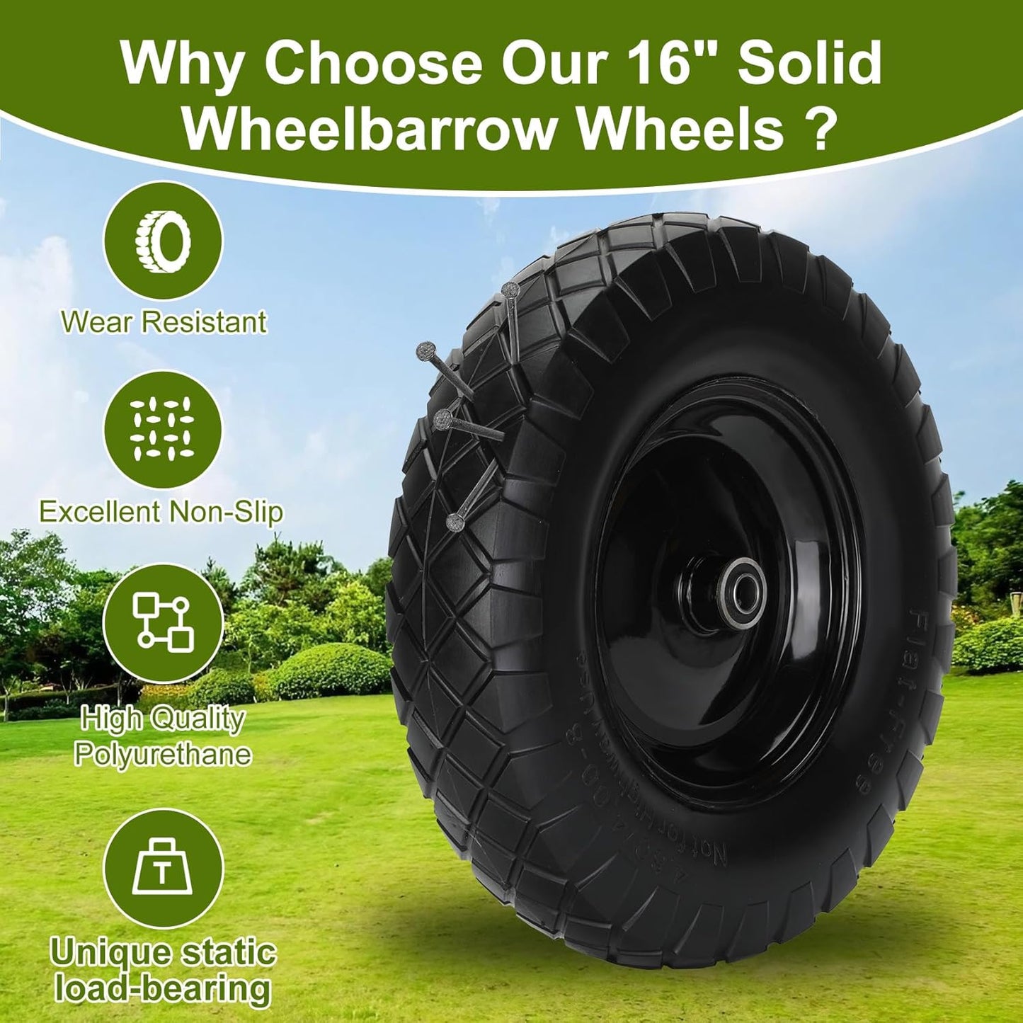 Upgraded 16" Flat Free Wheelbarrow Wheels and Tires, 4.80/4.00-8 Solid Tires with 5/8" & 3/4" Bearings,14"-16" Universal Fit Wheelbarrow Wheels for Wheelbarrows/Garden Trailer