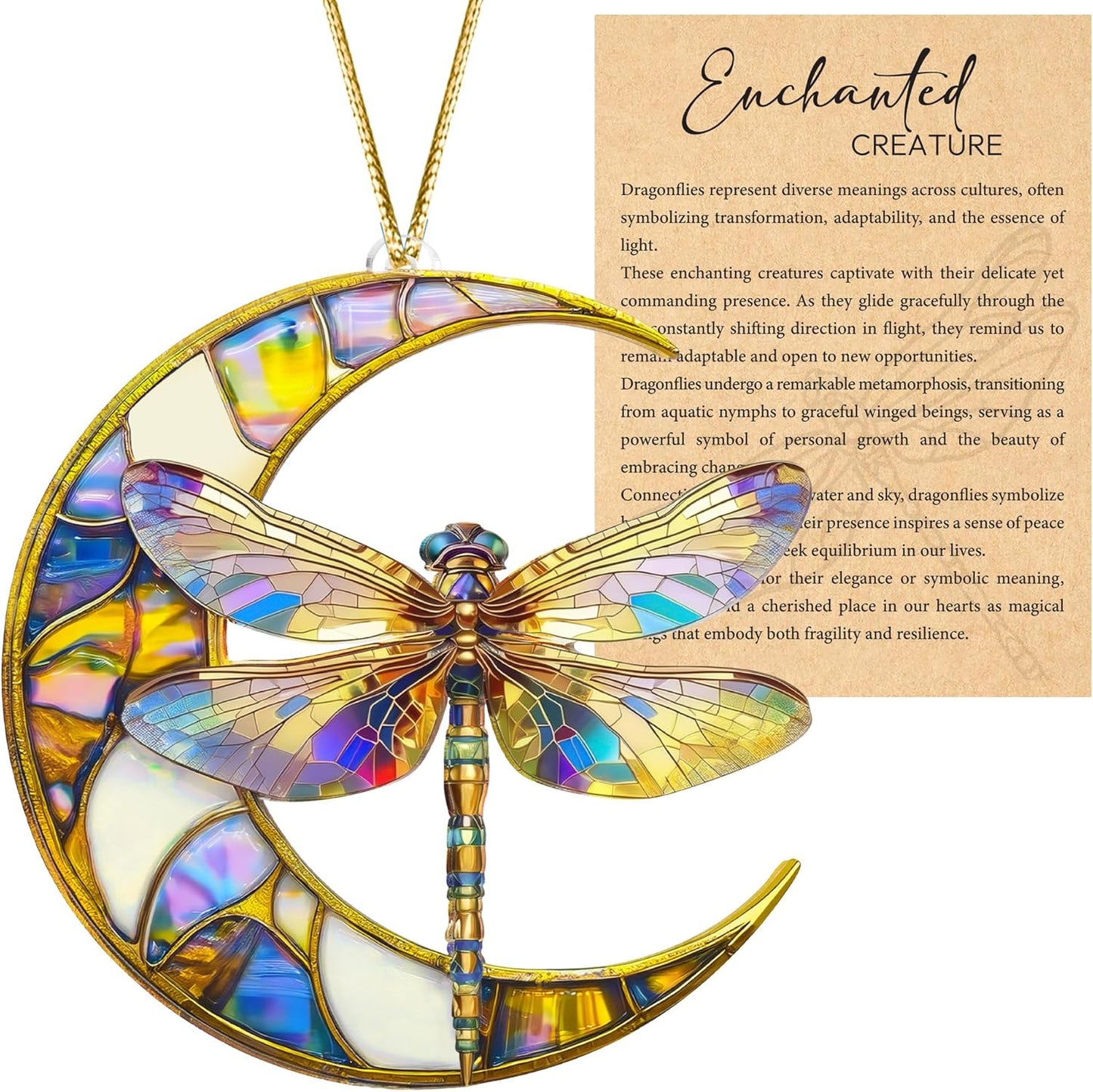 Dragonfly Gifts for Women, Dragonflies Decor Suncatcher Effect, Dragon Fly Stained Glass Effect, Dragonfly Ornaments for Christmas Tree Decoration, Birthday Gift for Mom (Moonwing)