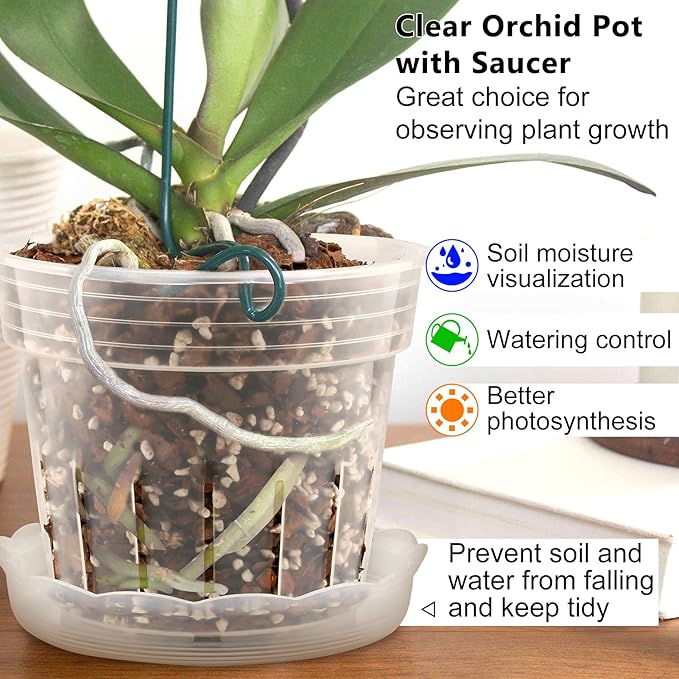 Orchid Pot, 8 Clear Orchid Pots with Holes and 6 Saucers, 2 Each of 4.1, 4.8, 5.7 and 6.4 Inch Orchid Pots for Repotting, Plastic Orchid Planter Breathable Slotted Flower Plant Nursery Pot