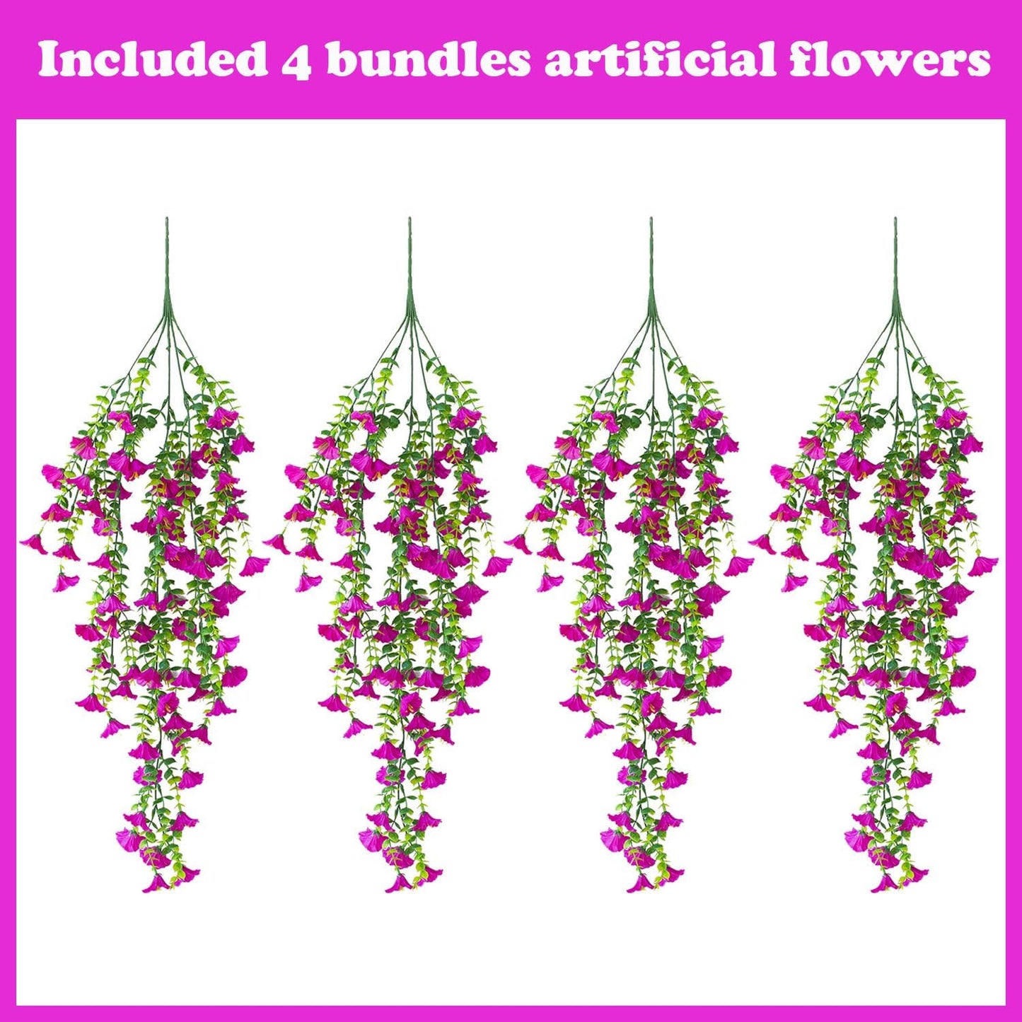 Artificial Hanging Flowers – 4 Pack UV Resistant Fake Morning Glory Vine Faux Plants for Porch, Patio, Balcony, Garden, Indoor & Outdoor Decor (Hot Pink)