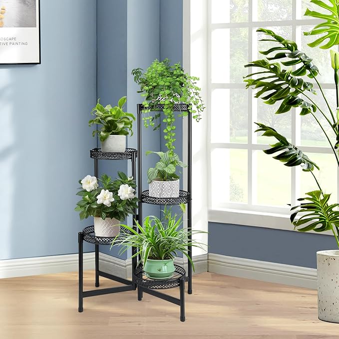 Black Metal Plant Stand for Indoor Outdoor 5 Tier Foldable Corner Tall Plant Shelf Display Stand for Multiple Plants Wrought Iron Flower Pot Holder for Living Room Balcony Garden Patio(5 tier01)