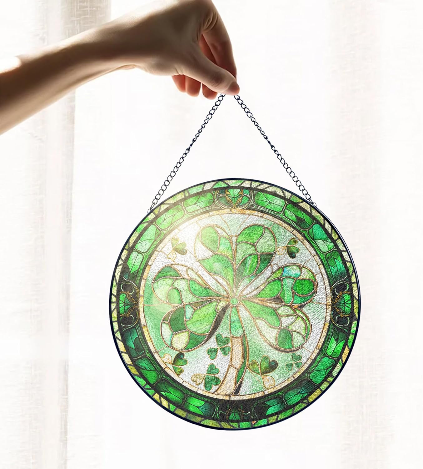 FLAGWIX Christmas Irish Gifts for Women Men - 100% Stained Glass Hanging Suncatcher 8 in - Birthday Christmas Irish Decorations for Family Friends, Shamrock Home Decor, St Patricks Day Decorations