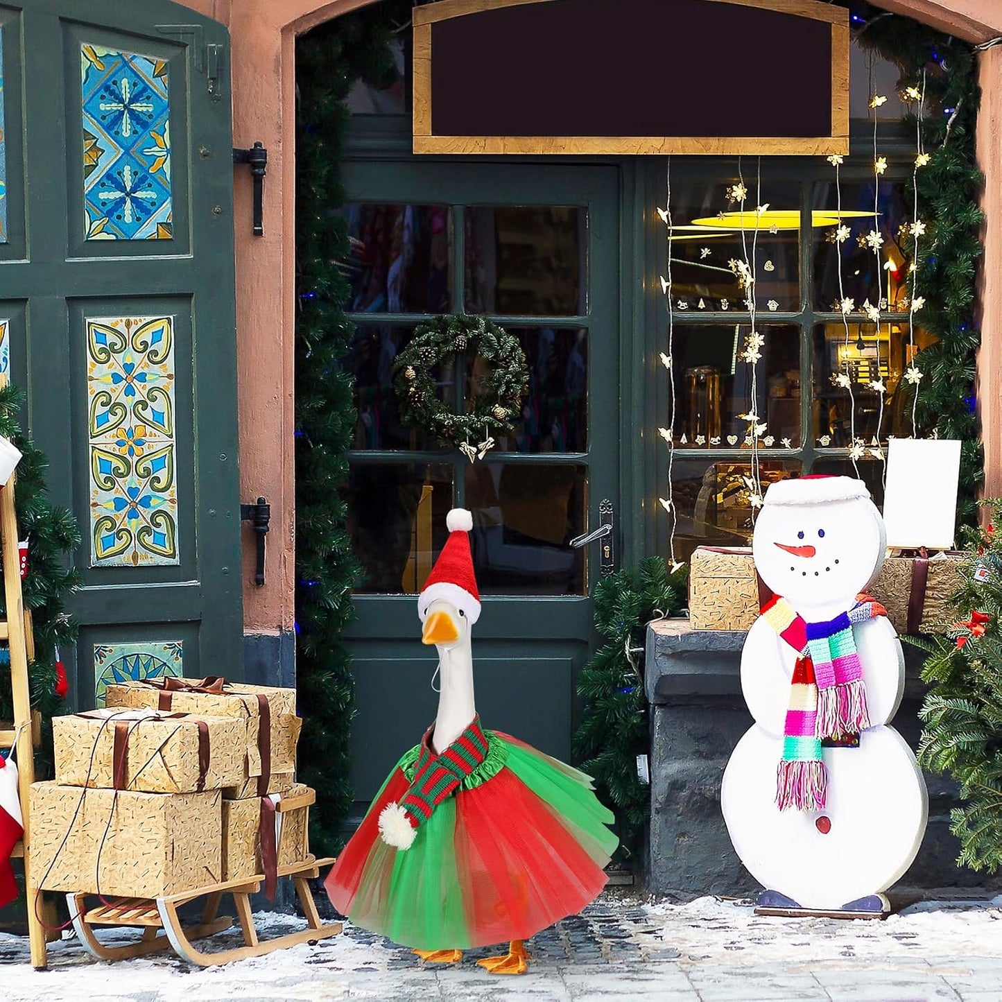 3 Pcs Christmas Porch Goose Outfit for 23'' Lawn Porch Goose Statue Clothes Santa Hat Tutu Costume for Xmas Yard Lawn
