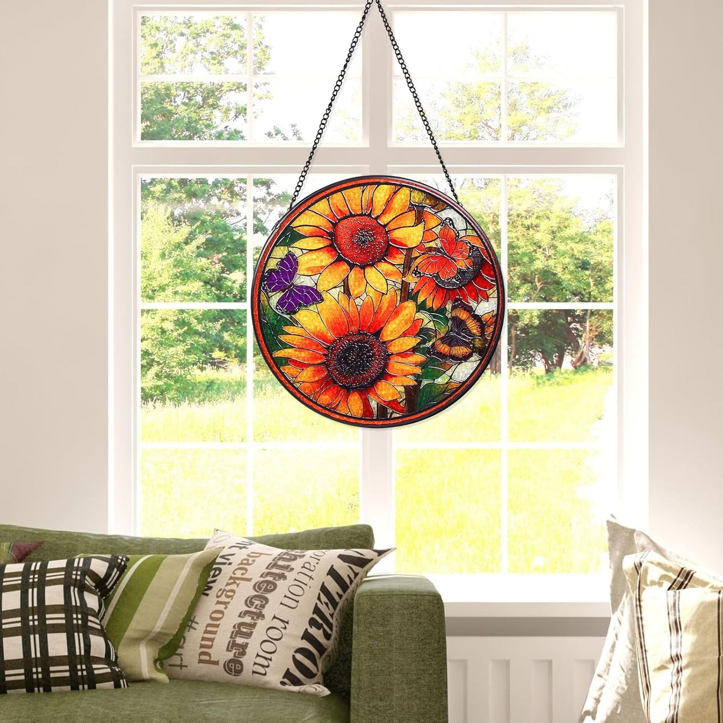 Sunflowers Handmade Stained Glass Window Hanging Suncatcher with Chain - 7.9" Outdoor/Indoor Art Decor for Home Garden, Wedding, Mother's, Valentine's & Christmas Ornaments Present