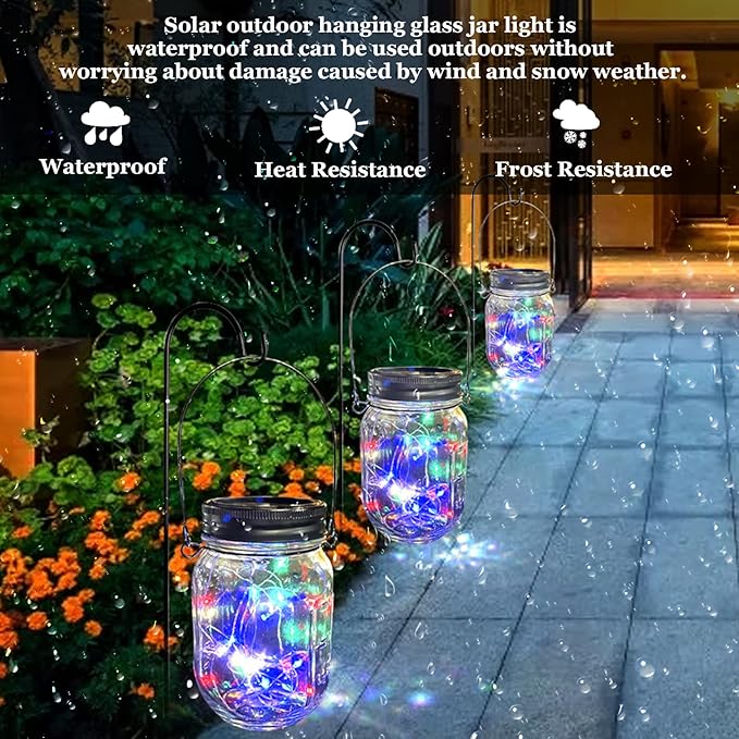 Hanging Solar Mason Jar Lights,ZQX 2 Pack 20 Led String Hanging Mason Jar Lanterns for Outdoor,Great Decor Light for Outside Patio Garden Yard Fence Wedding Table,Hangers and Jars Included(Multicolor)