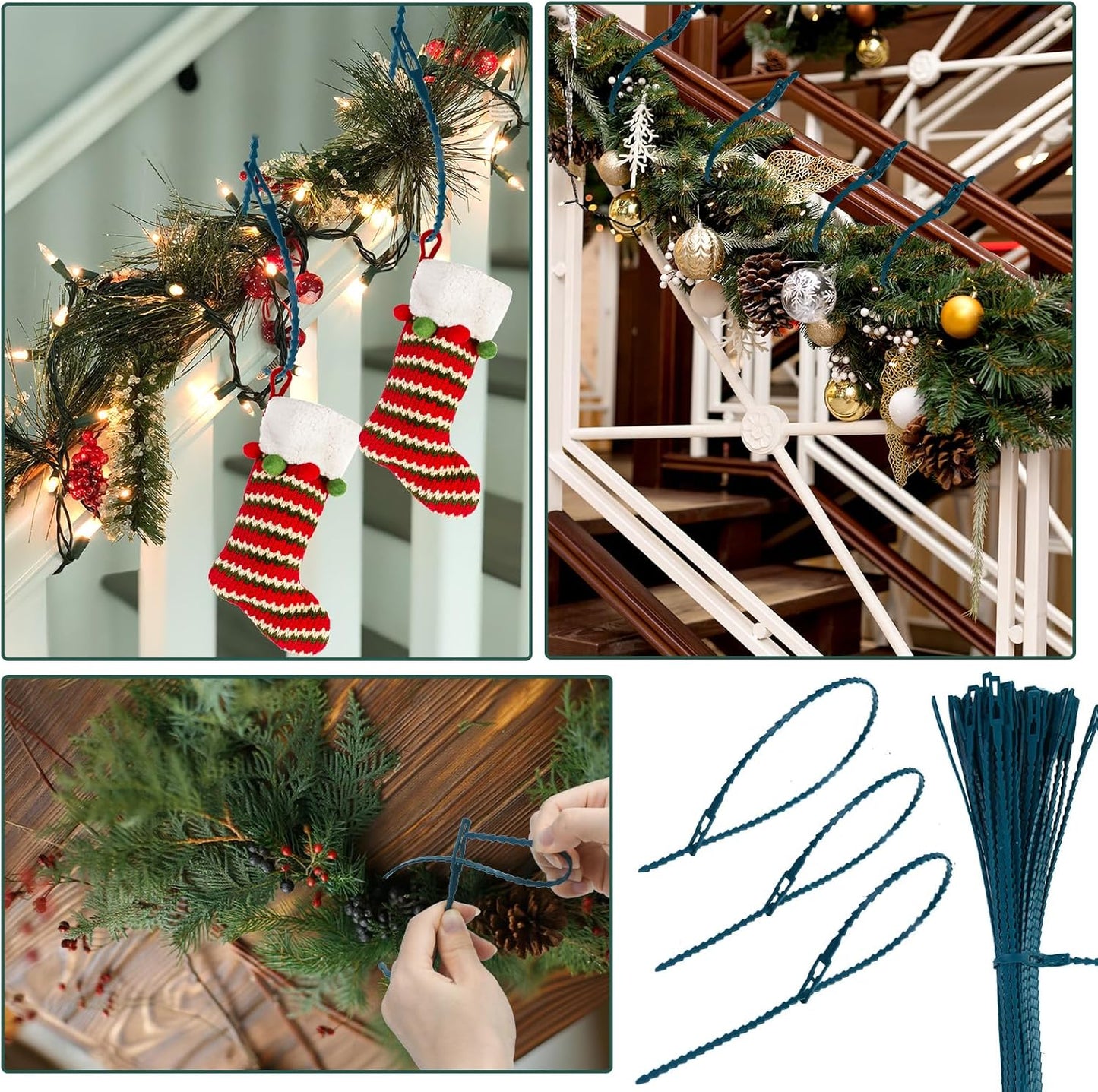 50pcs Christmas Garland Ties Green Flexible Self Locking Nylon Strap 15.7Inch Adjustable Reusable Garland Hanger Decorating Holiday Banister Twist Ties for Christmas Lights Wreath Making Door Stairway