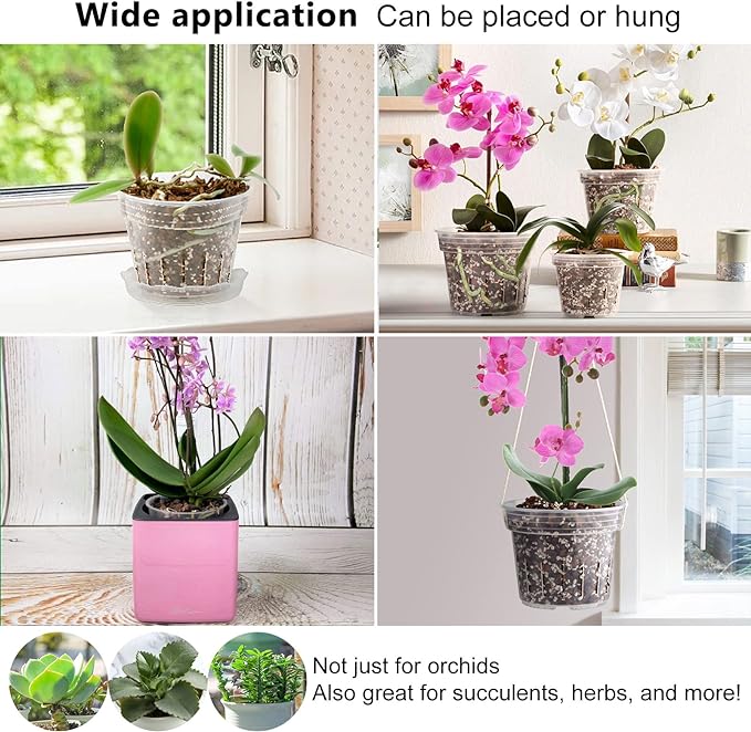 Orchid Pot, 8 Clear Orchid Pots with Holes and 6 Saucers, 2 Each of 4.1, 4.8, 5.7 and 6.4 Inch Orchid Pots for Repotting, Plastic Orchid Planter Breathable Slotted Flower Plant Nursery Pot