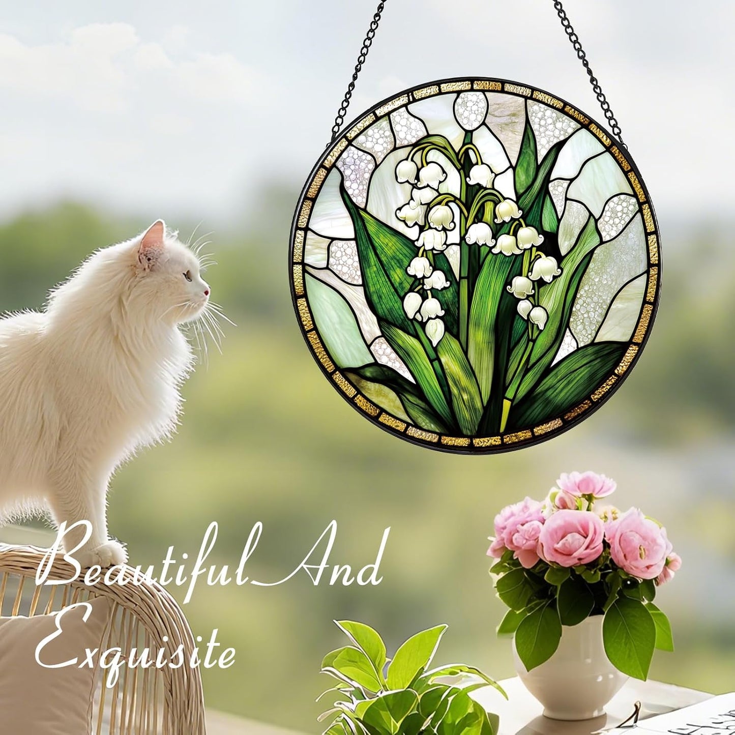 Lily of The Valley Flower Suncatcher -7.9 in Stained Glass Window Hanging Sun Catcher Garden Decor