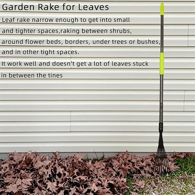 Garden Rake for Leaves, 48" Metal Leaf Rake with Foam Soft Foam Grip, 9 Tines Small Narrow Rakes with Adjustable Long Handle, Rakes for Lawns Gardening Yard Flower Bed Grass Mulch Shrub Camping
