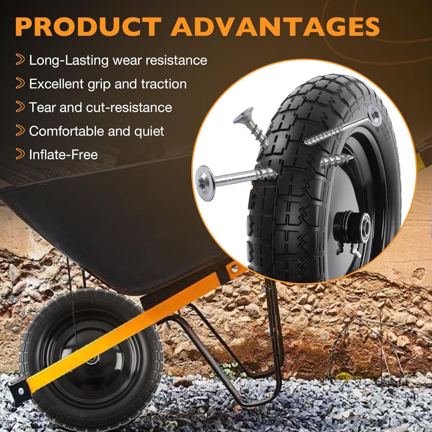 HQPASFY 2 Pack 14.5" Flat Free Tire 4.80/4.00-8 Wheelbarrow Tire and Wheel, 3" Centered Hub, 5/8" & 3/4" Bearings Replacement for Wheelbarrows, Garden Carts, Dump Carts, Lawn Equipment