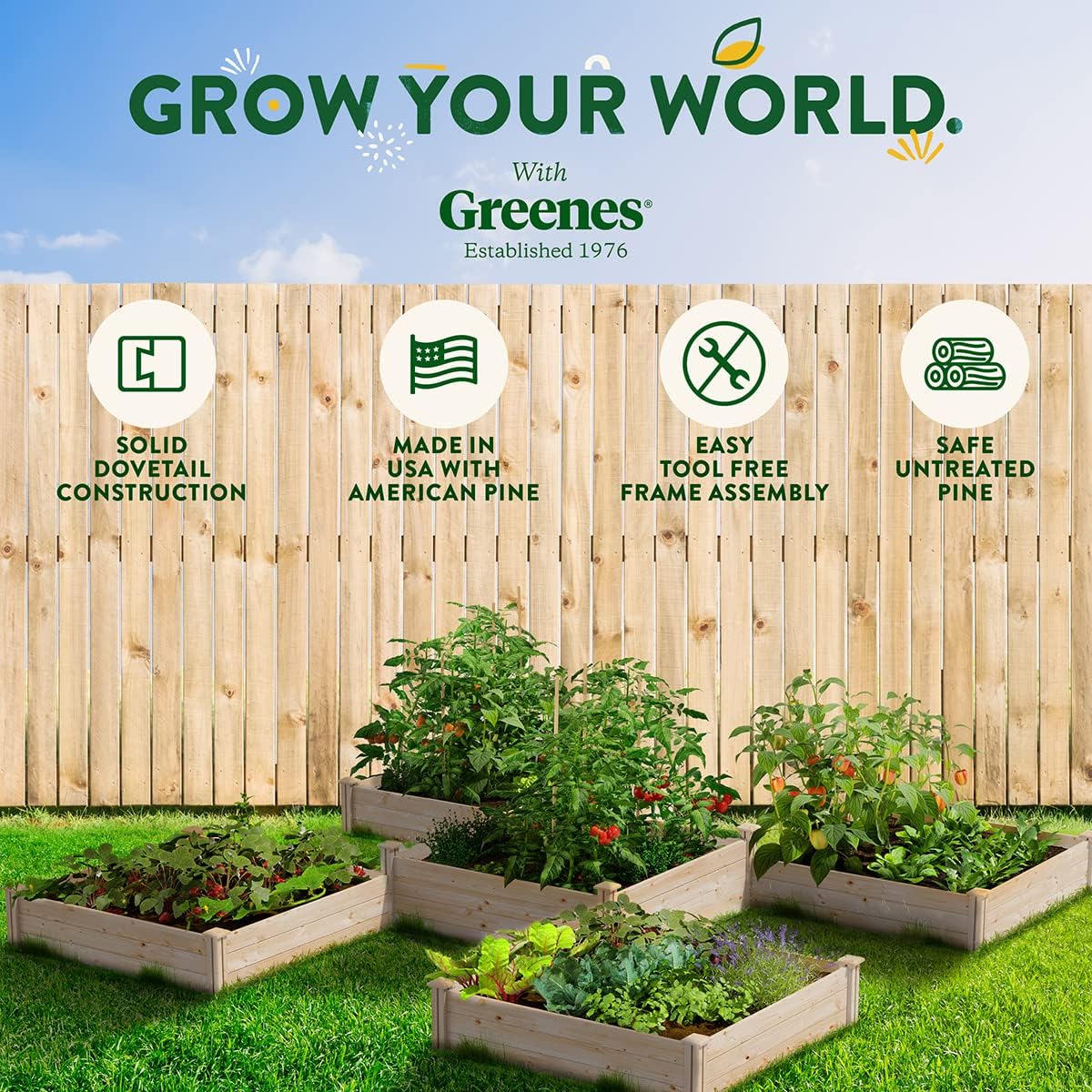 Greenes Fence Original Pine Raised Garden Bed, 80 Sq. Ft. 12' x 12' x 10.5-14" - Made in USA with American Pine