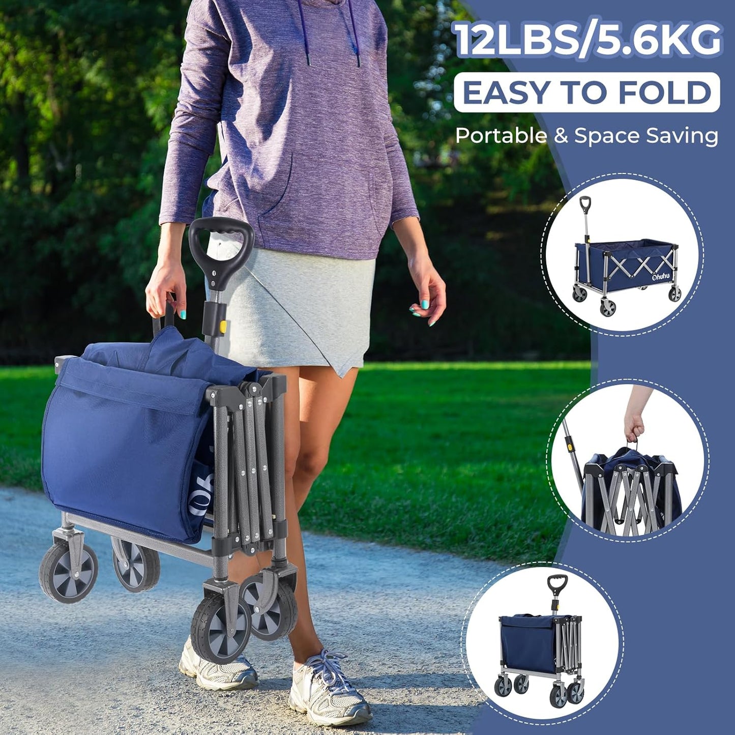 Wagon Cart Foldable Utility Wagons: Ohuhu Collapsible Folding Shopping Carts with Wheels, 85L/330 LB Capacity 600D Oxford Fabric Heavy-Duty Portable Grocery Wagon for Sports Camping Picnic Garden