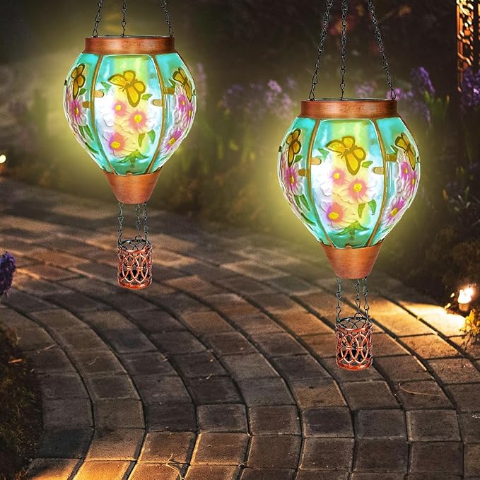 Solar Hot Air Balloon Lantern with Flame, Butterfly Glass Outdoor Solar Lanterns for Outside Hanging Farmhouse Patio Pathway Decor, Butterfly Gifts for Women Grandma Mom