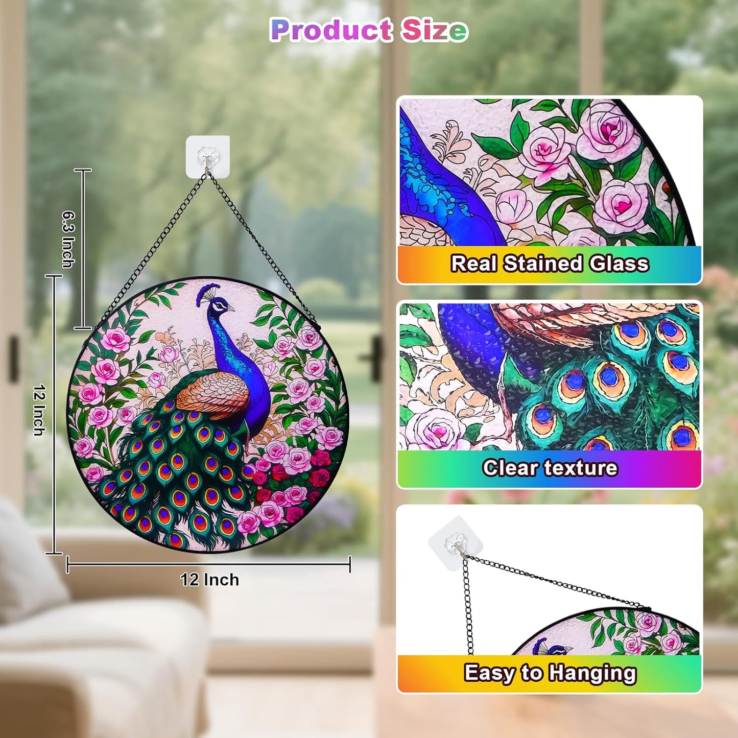 Peacock Stained Glass Suncatcher, Stained Glass Window Hanging, Window Suncatcher Home Wall Art Decorations, Gift for Mom (12 Inch)