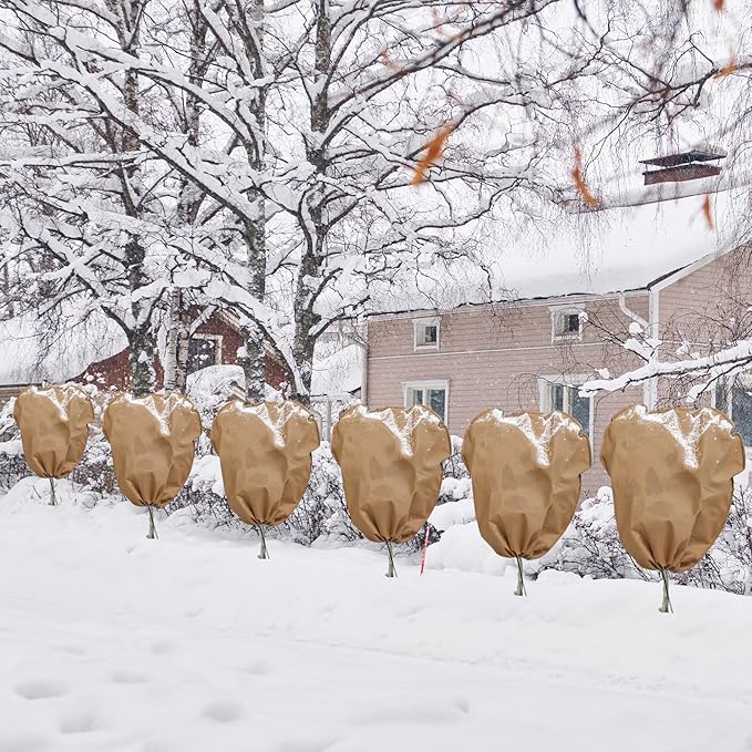 6 Pcs Winter Plant Covers Freeze Protection Reusable Plant Protector Bag with Drawstring Warm Shrubs Cover Frost Protection Planting Jacket Bags for Outdoor Garden, Brown (39.4 x 31.5 Inch)