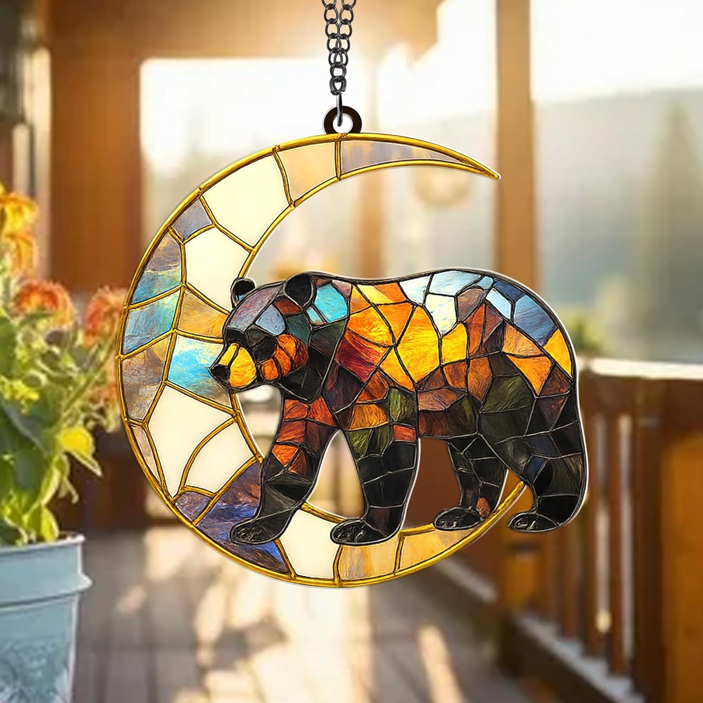 Bear Moon Suncatcher – Style Acrylic Bear Ornament for Window, Nature Wildlife Decor, Rustic Cabin Sun Catcher, Woodland Animal Gift for Nature Lovers (Sun-43)