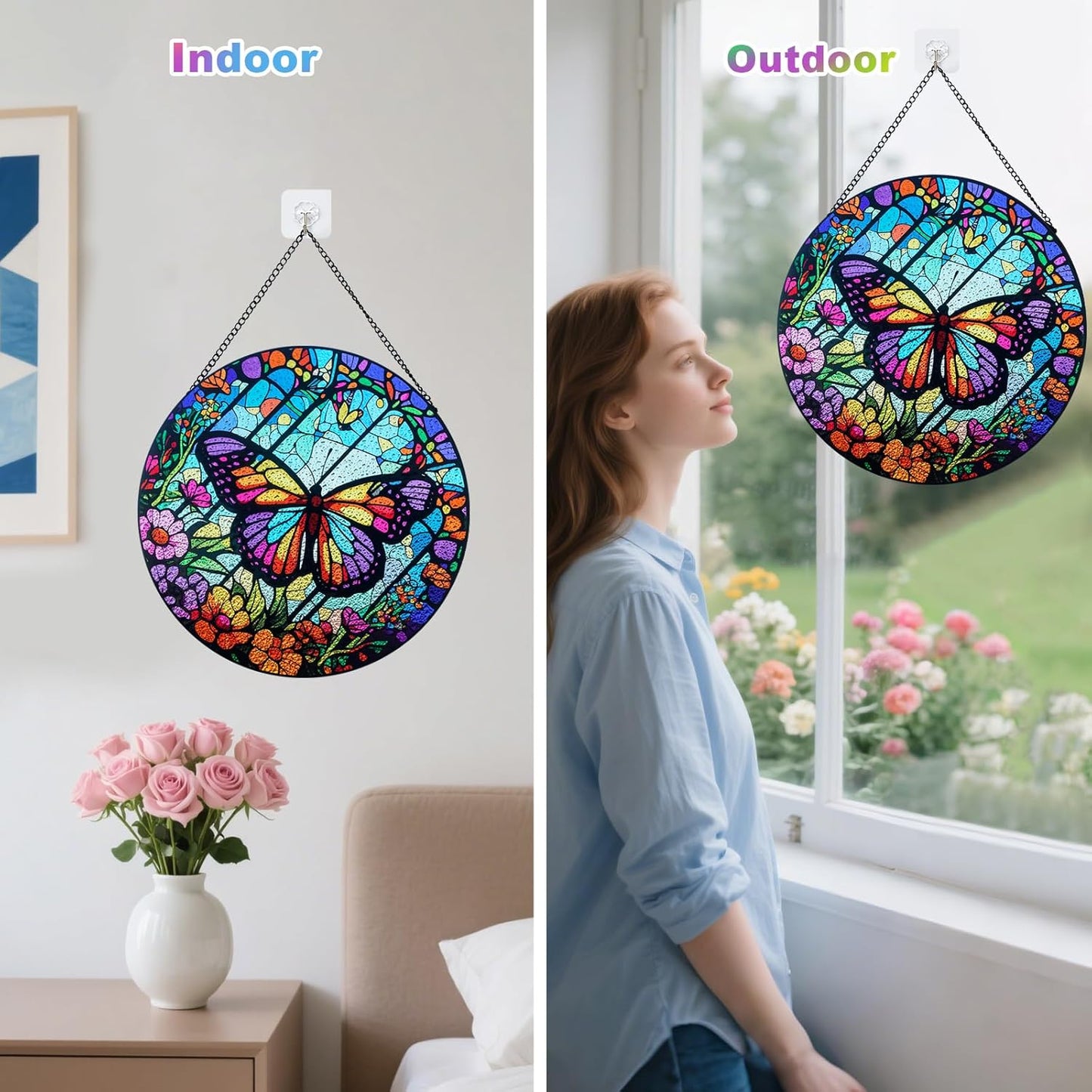 Stained Glass Window Hanging - Butterfly Suncatchers for Indoor Windows, Butterfly Stained Glass Decor for Home, Garden, Cottage, Sun Catcher Gift for Women (12 Inch)