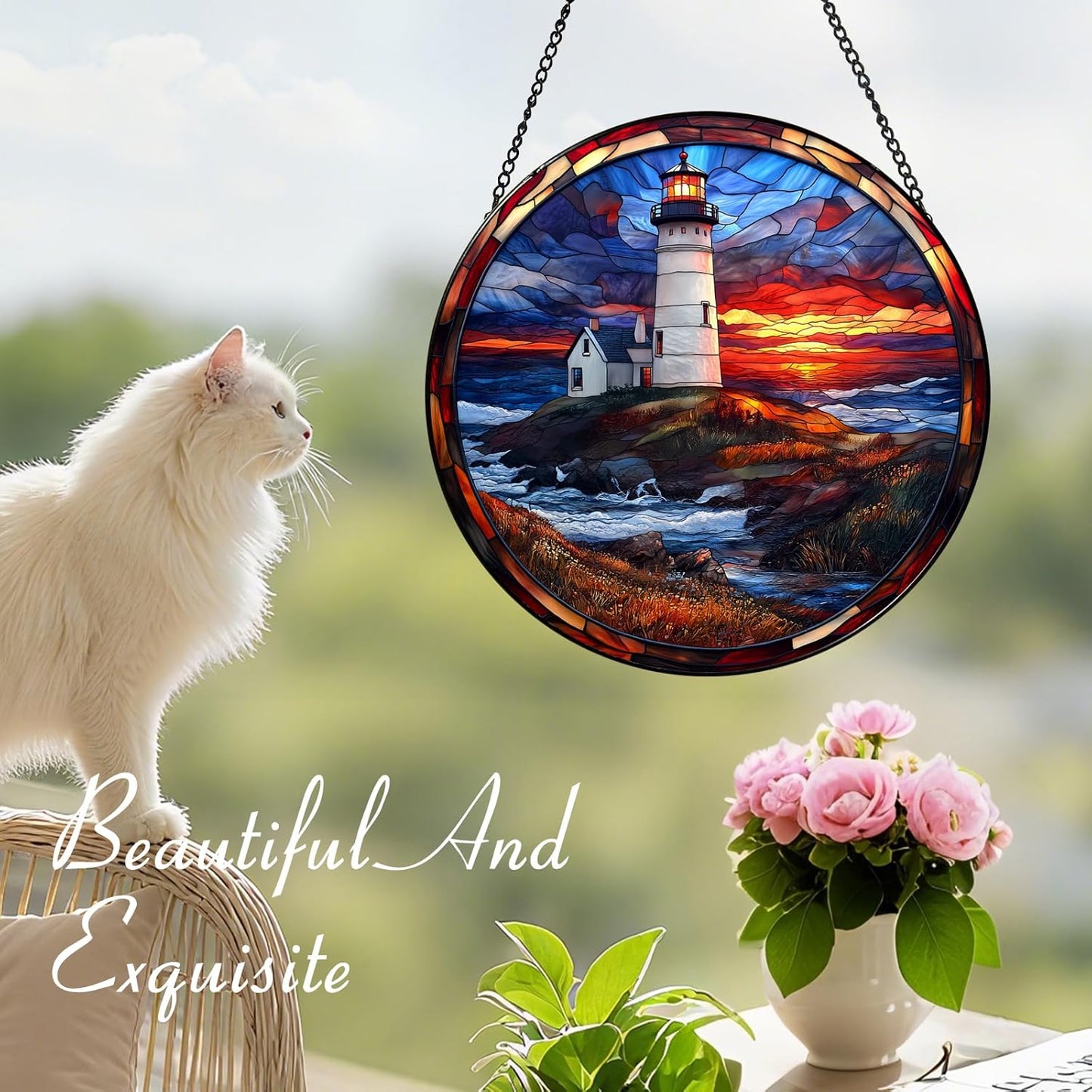 Coastal Lighthouse in Autumn Suncatcher -7.9 in Stained Glass Window Hanging Sun Catcher Garden Decor
