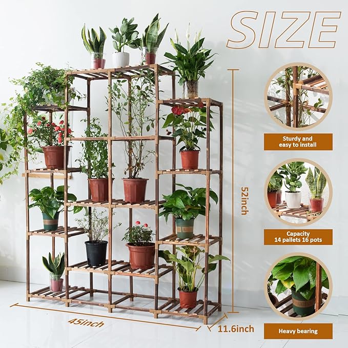 Uneedem Tall Shelf for Multiple Plants Indoor Outdoor 14 Tiers 16 Pot Holder Large Rack Wood Stand Shelves for Room Corner Balcony Garden Patio