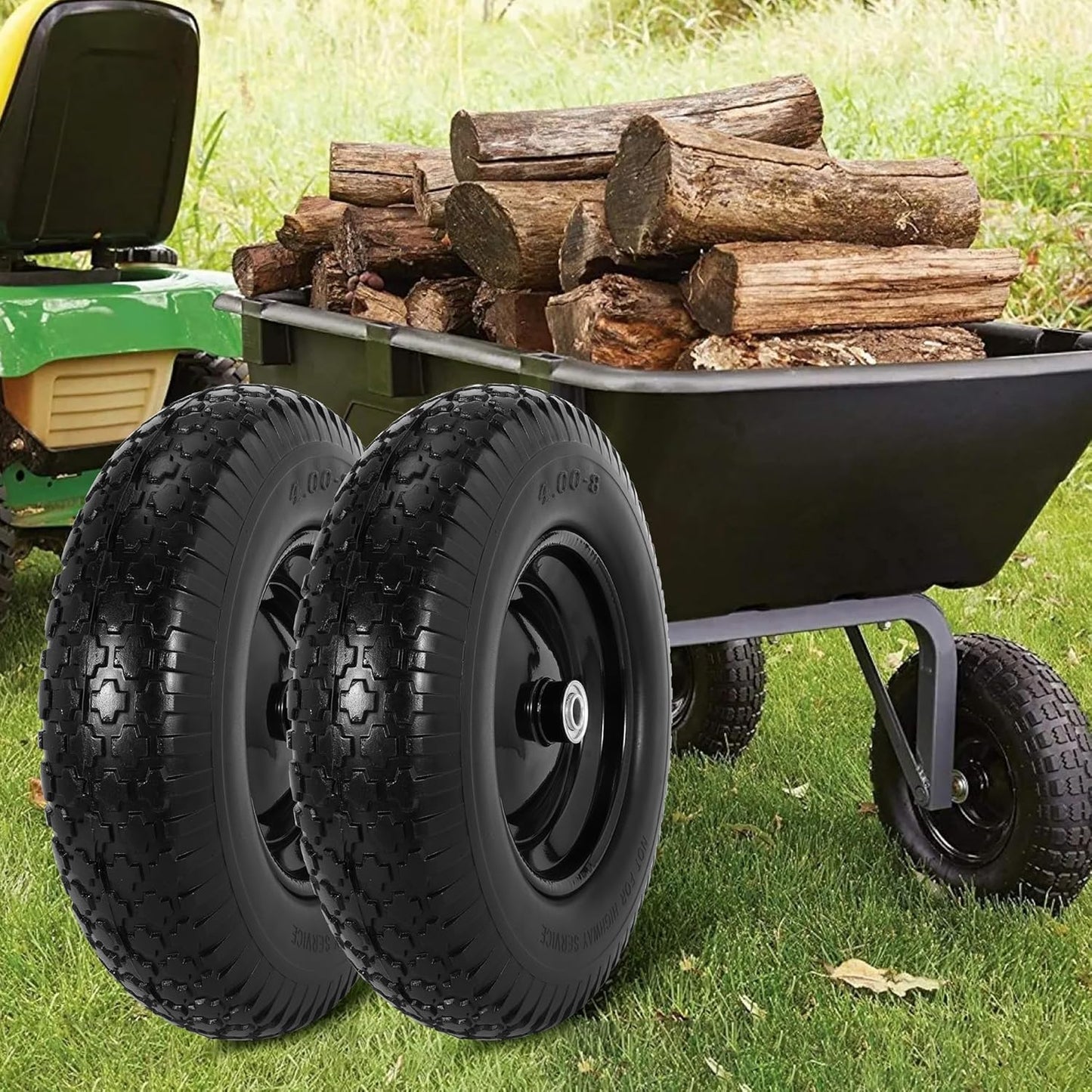 16" Flat Free Wheelbarrow Tires, 4.80/4.00-8" Flat-Free Solid Tire with 5/8" Axle Bore Hole for Wheelbarrow Lawn Mover Trolley Dolly Go Kart Replacement (2 Pack)